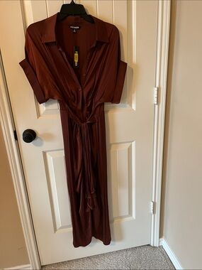 Steve Madden Rust Brown Button-Front Maxi Shirt Dress